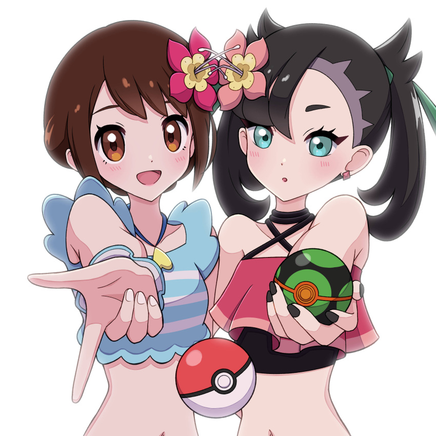 2girls :d :o absurdres asymmetrical_bangs bare_shoulders bikini black_choker black_hair black_nails blush brown_eyes brown_hair choker dusk_ball earrings flower gloria_(pokemon) green_eyes hair_flower hair_ornament hair_ribbon hibiscus highres holding holding_poke_ball index_finger_raised jewelry looking_at_viewer marnie_(pokemon) multiple_girls navel open_mouth outstretched_arm pink_flower poke_ball poke_ball_(basic) pokemon pokemon_masters_ex red_flower ribbon short_hair simple_background smile stomach stud_earrings swimsuit tankini twintails undercut white_background yuu_(jgvj7873)