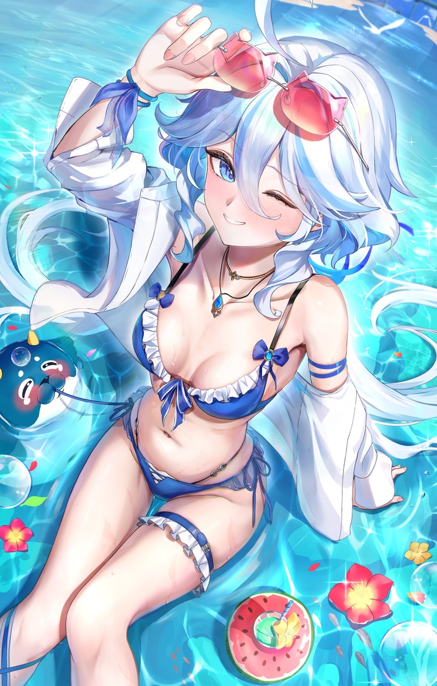 alternate_costume arm_support armband bikini blubberbeast_(genshin_impact) blue_bikini blue_eyes breasts clenched_teeth collarbone eyewear_on_head feet_out_of_frame female frilled_bikini frills front-tie_bikini_top front-tie_top furina_(genshin_impact) genshin_impact highres jewelry looking_at_viewer medium_breasts navel necklace ocean off_shoulder one_eye_closed open_mouth otabaaa partially_submerged red-tinted_eyewear shirt short_hair side-tie_bikini_bottom sitting solo stomach swimsuit teeth thigh_strap tinted_eyewear very_short_hair wavy_hair white_hair white_shirt wristband