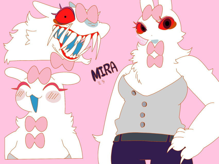 87sukiyaki anthro blush blush_lines character_name closed_eyes clothed clothing female hi_res lagomorph leporid mammal mira monster open_mouth pink_background rabbit sharp_teeth simple_background solo teeth