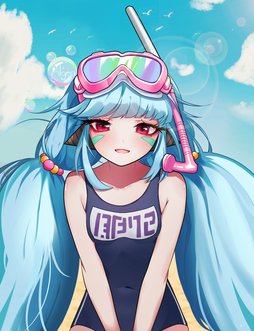 absurdres algea aqua_hair artist_name bird blue_sky breasts bubble cloud competition_swimsuit covered_navel facial_mark female goggles goggles_on_head guardian_tales highres lens_flare little_android_aa72 long_hair looking_at_viewer one-piece_swimsuit open_mouth red_eyes seagull sky small_breasts snorkel swimsuit very_long_hair