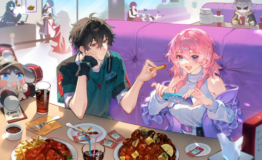 3boys 5girls :3 :d absurdres bare_shoulders black_hair blade_(honkai:_star_rail) blue_eyes blue_hair caelus_(honkai:_star_rail) chicken_(food) clara_(honkai:_star_rail) commentary cup dan_heng_(feast)_(honkai:_star_rail) dan_heng_(honkai:_star_rail) dress drinking_glass drinking_straw english_commentary food french_fries fruit green_eyes green_shirt grey_eyes highres holding holding_food honkai:_star_rail honkai_(series) jacket kafka_(honkai:_star_rail) ketchup lemon lemon_slice long_hair march_7th_(feast)_(honkai:_star_rail) march_7th_(honkai:_star_rail) multiple_boys multiple_girls natasha_(honkai:_star_rail) off_shoulder official_alternate_costume open_mouth pink_hair plate pom-pom_(honkai:_star_rail) purple_hair purple_jacket red_dress shirt short_sleeves shotgunman silver_wolf_(honkai:_star_rail) sleeveless sleeveless_turtleneck smile sunglasses table tissue_box trailblazer_(honkai:_star_rail) turtleneck upper_body white_dress