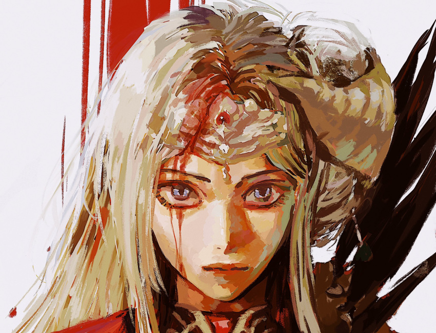 bleeding_from_forehead blood blue_eyes closed_mouth commentary edelgard_von_hresvelg english_commentary eyelashes fake_horns female fire_emblem fire_emblem:_three_houses highres horns iokuso long_hair meme nah_i'd_win_(meme) portrait single_horn solo white_background white_hair