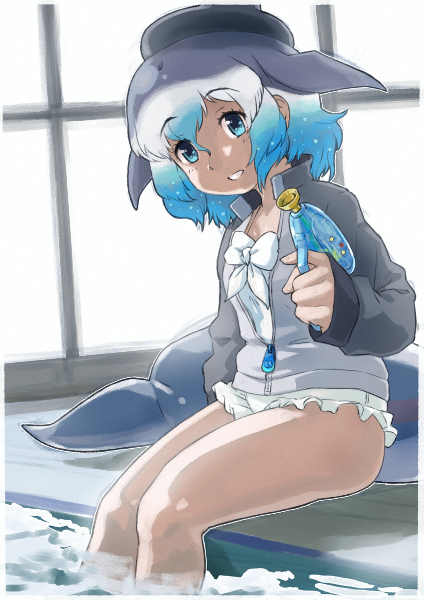 absurdres bare_legs blowhole blue_eyes blue_hair bow bowtie cetacean_tail common_bottlenose_dolphin_(kemono_friends) dolphin_girl dorsal_fin fins fish_tail frilled_one-piece_swimsuit frills grey_hair grey_sweater hair_between_eyes head_fins highres holding holding_water_gun kemono_friends long_sleeves looking_at_viewer multicolored_hair one-piece_swimsuit partially_open_jacket pool poolside sidelocks sleeves_past_wrists sweater swimsuit tail toriny two-tone_sweater water_gun white_bow white_bowtie white_hair white_one-piece_swimsuit