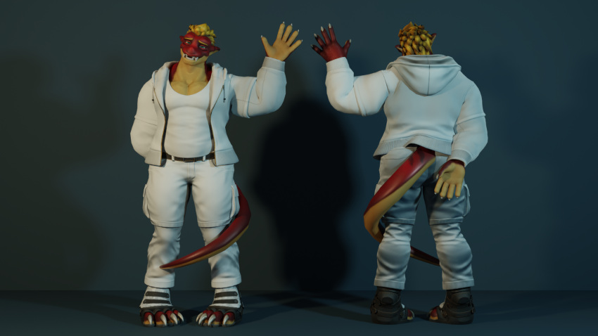 anthro clothed clothing dergdrister dragon gesture hi_res looking_at_viewer male musclegut muscular mythological_creature mythological_scalie mythology red_body scalie shy simple_background slightly_chubby smile solo tail_wrapped tyler_(dergdrister) waving waving_at_viewer