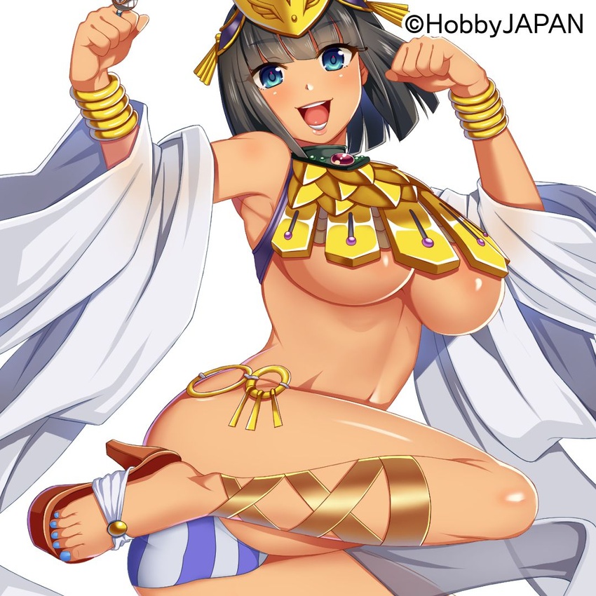 ad ancient_princess_menace armpits ass bangle bare_shoulders black_hair blue_eyes blue_nails blue_panties blue_stripes blunt_bangs blunt_ends blush bracelet breasts clenched_hands copyright_notice crown detached_sleeves egyptian egyptian_clothes feet female gold groin headpiece high_heels hobbyjapan jewelry large_breasts linea_alba loincloth looking_at_viewer menace_(queen's_blade) menace_(queen's_blade_unlimited) midair navel o-ring o-ring_bottom official_art open_mouth panties queen's_blade queen's_blade_unlimited queen's_blade_white_triangle revealing_clothes ring sandals shiny_skin short_hair smile solo sparkle stomach striped_clothes striped_panties teeth thighs toes tongue underboob underwear white_background white_panties