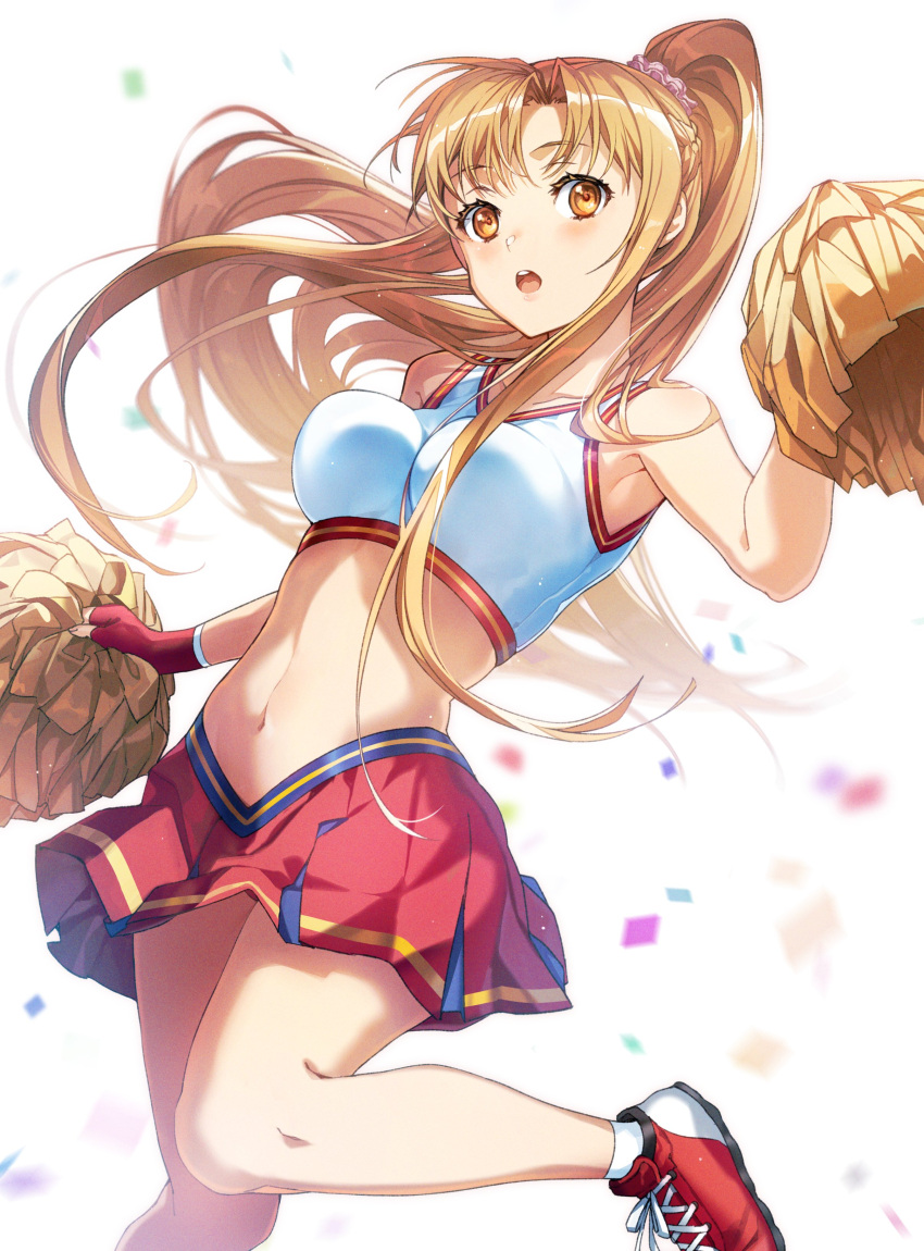 :o absurdres alternate_costume arm_up armpit_peek asuna_(sao) black_trim blush breasts cheerleader collarbone commentary_request confetti dutch_angle female fingerless_gloves floating_hair gloves hair_ornament hair_scrunchie high_ponytail highres impossible_clothes impossible_tank_top leg_up long_hair looking_at_viewer medium_breasts multicolored_footwear navel open_mouth orange_eyes orange_hair pink_scrunchie pleated_skirt pom_pom_(cheerleading) ponytail red_footwear red_gloves red_skirt red_trim scrunchie simple_background skirt socks solo sports_bra stomach sword_art_online tank_top very_long_hair white_background white_footwear white_socks white_tank_top yellow_pom_poms yoru_kiri