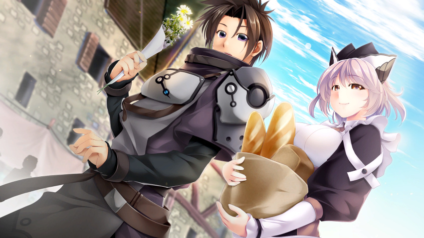 1boy apron armor atelier-moo baguette belt black_hair bread breast_rest breasts brown_eyes closed_mouth female flower food frilled_apron frills hair_between_eyes hair_ornament highres holding holding_flower holding_food house ibis_(our_battle_has_just_begun!) large_breasts long_sleeves looking_at_viewer looking_down maid maid_apron narrow_waist oma_(our_battle_has_just_begun!) open_mouth our_battle_has_just_begun! puffy_long_sleeves puffy_sleeves short_hair sky smile standing town white_apron