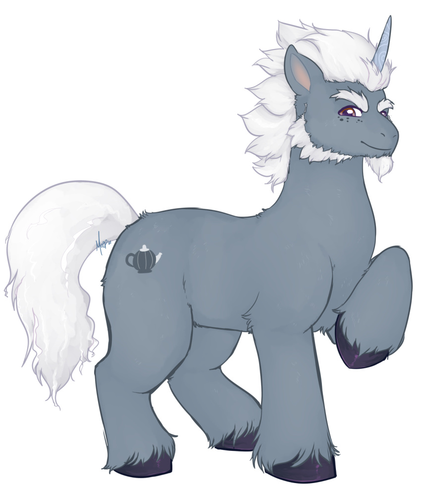 2021 alphabittle_blossomforth_(mlp) beard cutie_mark equid equine eyebrows facial_hair feathering feet feral freckled_face freckles fur grey_body grey_fur hair hasbro hi_res hooves horn looking_at_viewer male male_feral mammal meep_(artist) mlp_g5 my_little_pony mythological_creature mythological_equine mythology one_leg_up purple_eyes quadruped raised_leg shaded short_hair smile solo standing tail teapot unicorn white_hair