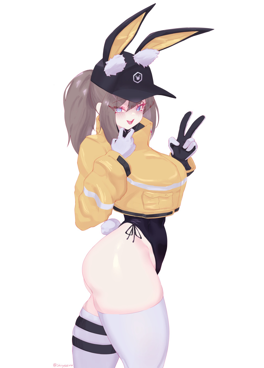 absurdres animal_ears baseball_cap black_gloves black_leotard blue_eyes blush brown_hair cowboy_shot cropped_jacket dark_skin dima_(girls'_frontline) english_commentary eonsang_(style) fake_animal_ears fake_tail female from_side girls'_frontline gloves hat hat_with_ears highleg highleg_leotard highres jacket leotard long_hair looking_at_viewer open_mouth playboy_bunny ponytail rabbit_ears rabbit_tail shinyozura sidelocks simple_background smile solo tail thigh_strap thighhighs twitter_username two-tone_gloves upper_body v white_background white_gloves white_thighhighs yellow_jacket