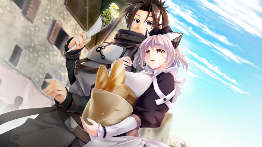 1boy apron arm_hug armor atelier-moo baguette belt black_hair blush bread breast_rest breasts cowboy_shot female flower food frilled_apron frills hair_between_eyes hair_ornament head_tilt highres holding holding_flower holding_food house ibis_(our_battle_has_just_begun!) large_breasts long_sleeves looking_down maid maid_apron narrow_waist oma_(our_battle_has_just_begun!) open_mouth our_battle_has_just_begun! puffy_long_sleeves puffy_sleeves short_hair sky standing sweatdrop town white_apron