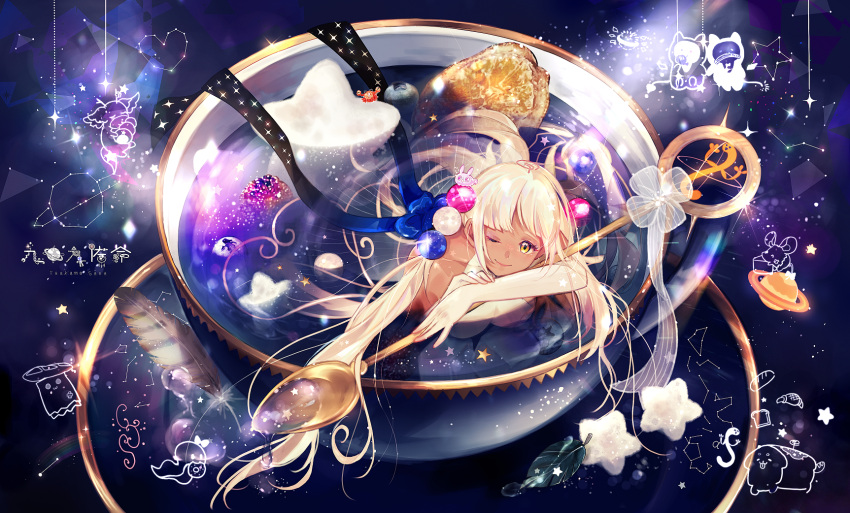 \||/ blonde_hair bloom_(irys) blueberry boros_(ouro_kronii) bread breasts capricorn_(constellation) cepheus_(constellation) commentary constellation constellation_print crown_(artist) cup dark-skinned_female dark_skin draco_(constellation) elbow_gloves feathers female food friend_(nanashi_mumei) fruit gloom_(irys) gloves hair_ornament highres hololive hololive_english in_container in_cup kaniko_(tsukumo_sana) leo_minor_(constellation) limiter_(tsukumo_sana) long_hair looking_at_viewer low_twintails mr._squeaks_(hakos_baelz) nemu_(ceres_fauna) one_eye_closed partially_submerged planet_hair_ornament sanallite_(tsukumo_sana) saucer serpens_(constellation) smile solo spoon star_(symbol) symbol-only_commentary teacup tsukumo_sana tsukumo_sana_(1st_costume) twintails usaslug_(tsukumo_sana) very_long_hair virtual_youtuber vulpecula_(constellation) white_gloves yatagarasu_(tsukumo_sana) yellow_eyes