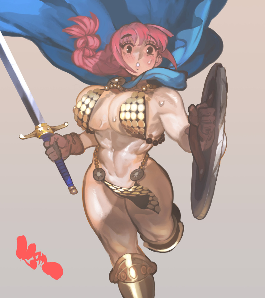 abs absurdres armor armored_boots bikini_armor blue_cape blush boots braid breasts brown_gloves cape chainmail female gloves gold_armor highres holding holding_shield holding_sword holding_weapon keziedra large_breasts loincloth muscular muscular_female one_piece open_mouth parted_lips pelvic_curtain pink_hair rebecca_(one_piece) shield single_braid sweat sweatdrop sword weapon