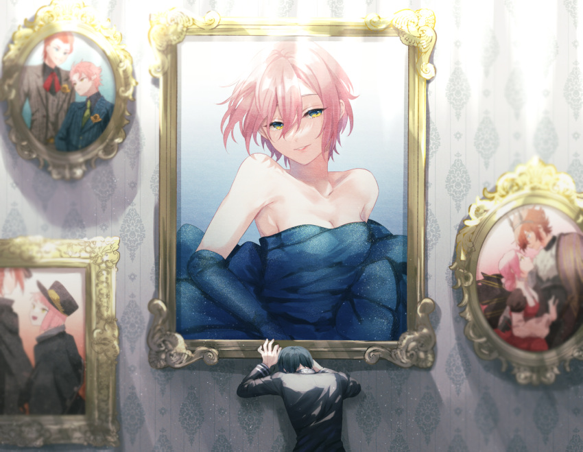 1boy art_gallery bare_shoulders black_hair blue_dress breasts cleavage collarbone commentary_request dress eyelashes female hair_between_eyes jack_jeanne justice0916 light_particles long_sleeves orimaki_suzu parted_lips picture_frame pink_hair red_hair sad school_uniform short_hair sleeveless sleeveless_dress smile tachibana_kisa upper_body wallpaper_(object) yellow_eyes yonaga_soushirou