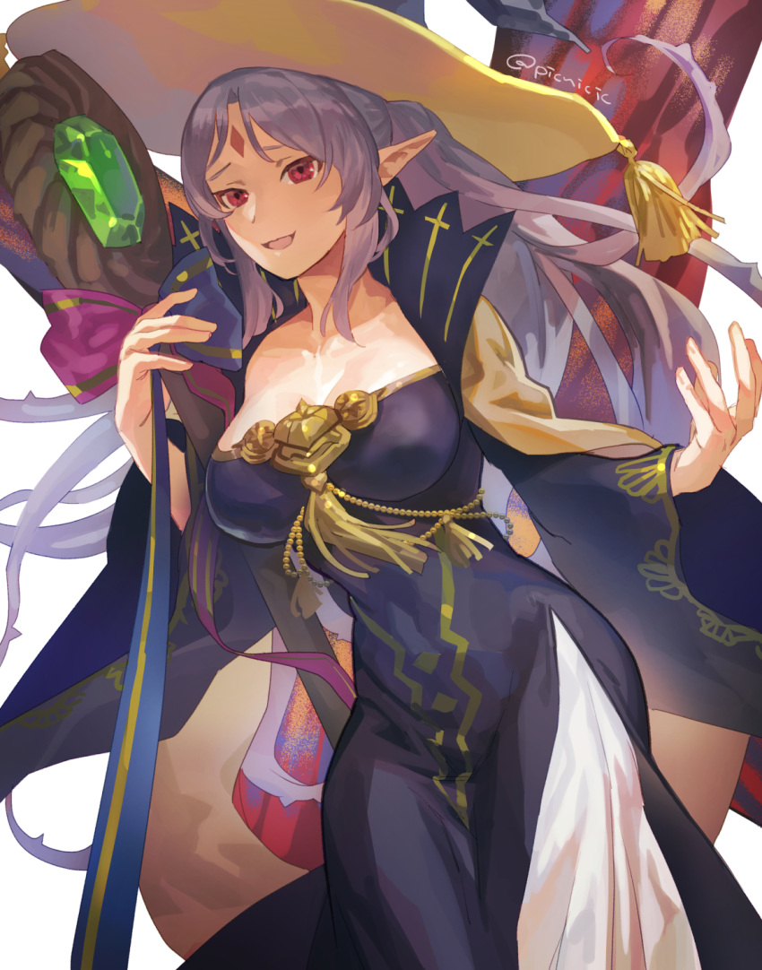 breasts butterfly_wings cosplay fairy_wings female fire_emblem fire_emblem_heroes grey_hair hair_vines halloween halloween_costume hat highres insect_wings ko-fi_commission large_breasts official_alternate_costume picnicic plant plant_hair plumeria_(fire_emblem) pointy_ears red_eyes rhea_(fire_emblem) rhea_(fire_emblem)_(cosplay) rhea_(halloween)_(fire_emblem) solo vines wings witch witch_hat