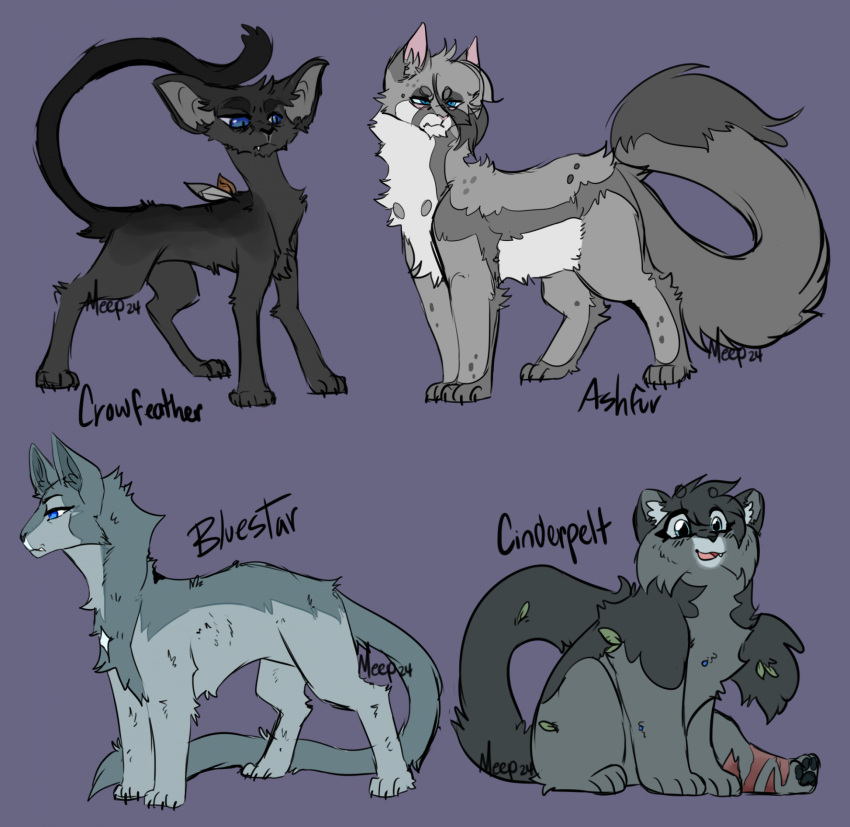 2024 ambiguous_feral ambiguous_gender ashfur_(warriors) black_body black_fur blue_eyes bluestar_(warriors) character_name cinderpelt_(warriors) claws countershade_fur countershading crowfeather_(warriors) dated digital_drawing_(artwork) digital_media_(artwork) dipstick_tail disability domestic_cat eye_bags eye_through_hair eyebrows eyelashes fangs feet felid feline felis female female_(lore) female_feral feral feral_with_hair flat_colors fluffy fluffy_tail frown fur grey_blue-eyed_warrior_cats_challenge grey_body grey_fur grey_hair grey_tail_tip grey_theme group hair hair_over_eye hi_res leaf leaf_in_fur long_tail loose_feather male_(lore) mammal markings meep_(artist) meme one_eye_obstructed paws pink_inner_ear purple_background quadruped scar signature simple_background speckled_body standing star_(marking) tail tail_markings teeth translucent translucent_hair warriors_(book_series) white_body white_countershading white_fur