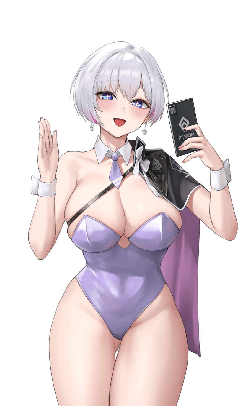 absurdres bare_shoulders black_capelet blue_eyes blush breasts capelet cellphone cleavage collarbone detached_collar earrings female goddess_of_victory:_nikke highleg highleg_leotard highres jewelry kurone_rinka large_breasts leotard liliweiss_(nikke) looking_at_viewer necktie open_mouth phone purple_leotard short_hair single_bare_shoulder smile solo star-shaped_pupils star_(symbol) symbol-shaped_pupils thighs white_hair wrist_cuffs