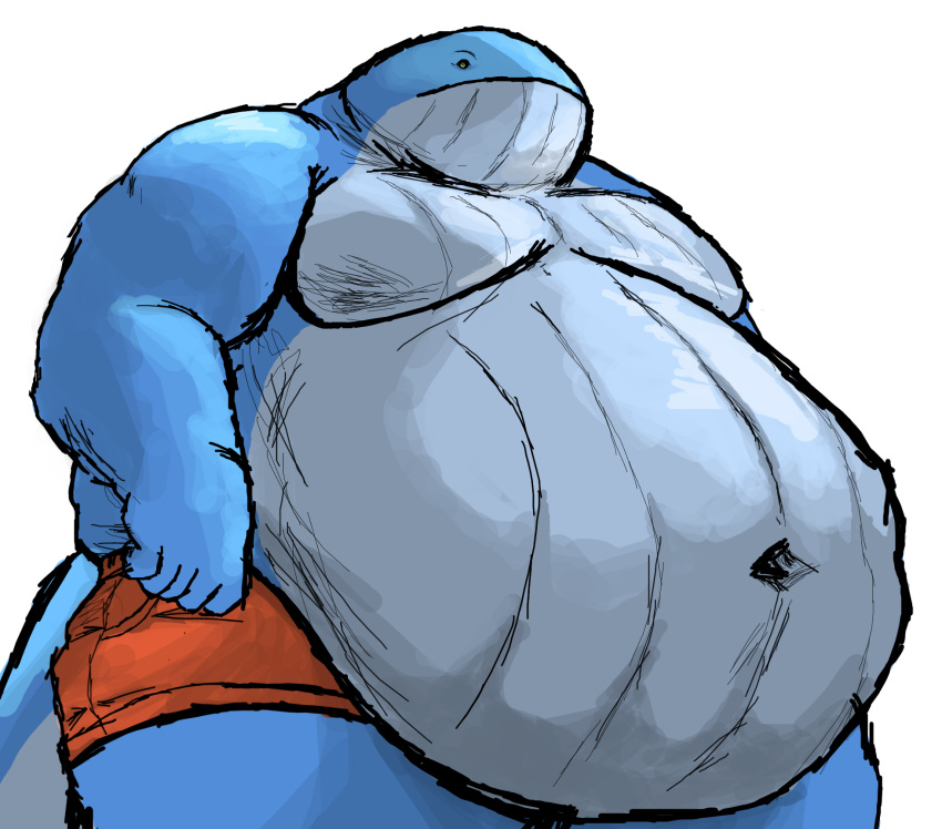 2022 anthro belly belly_overhang big_belly blue_body bottomwear cetacean clothed clothing comerboy75 hi_res looking_at_viewer male mammal marine navel obese obese_anthro obese_male overweight overweight_anthro overweight_male shorts shorts_only simple_background solo topless whale