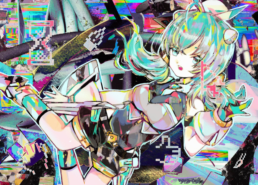 abstract_background ahoge arm_at_side bandeau belt black_belt black_leotard black_shorts blue_eyes breasts cable collage_background cursor female full_body gloves green_hair grey_bandeau hand_up headgear highres hourglass indie_virtual_youtuber itopoid large_breasts leotard loading_icon long_hair looking_at_viewer low_twintails multicolored_socks open_mouth outline photo_background pixelated puffy_shorts short_shorts shorts sleeveless solo thumbs_up_emoji tsukamoto_anabone twintails virtual_youtuber