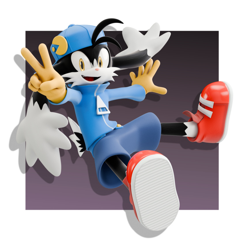 1:1 3d_(artwork) absurd_res alpha_channel anthro backwards_baseball_cap backwards_hat bandai_namco baseball_cap bottomwear clothing digital_media_(artwork) domestic_cat feetymcfoot felid feline felis gesture gloves hand_gesture handwear hat headgear headwear hi_res jacket klonoa klonoa_(series) looking_at_viewer male mammal shorts solo topwear v_sign