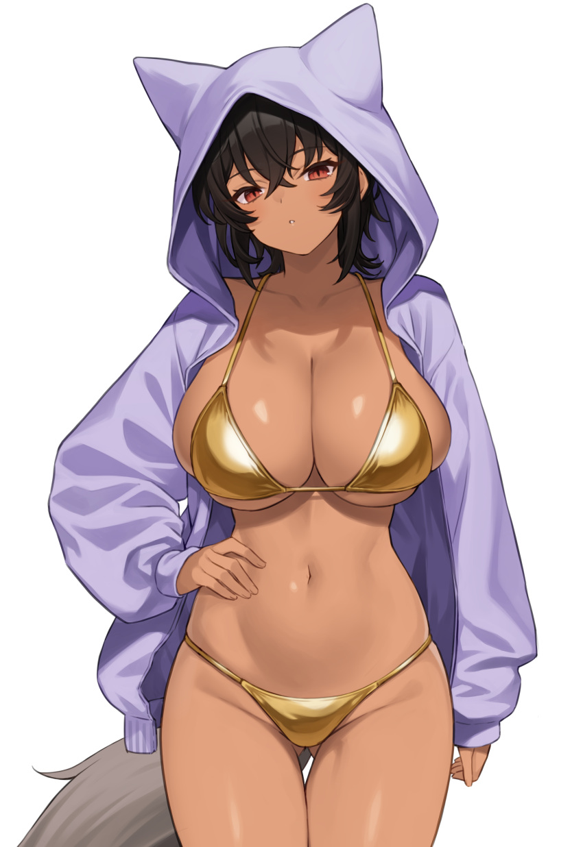 absurdres animal_hood arm_at_side ass_visible_through_thighs bikini black_hair breasts brown_eyes cleavage collarbone commentary_request crossed_bangs dark-skinned_female dark_skin female gold_bikini hair_between_eyes hand_on_own_hip highres hood hoodie hoshoku_club large_breasts looking_at_viewer medium_hair navel oogami_itsuki_(takunomi) parted_lips purple_hoodie simple_background solo standing stomach swimsuit tail takunomi thigh_gap white_background wolf_girl wolf_tail