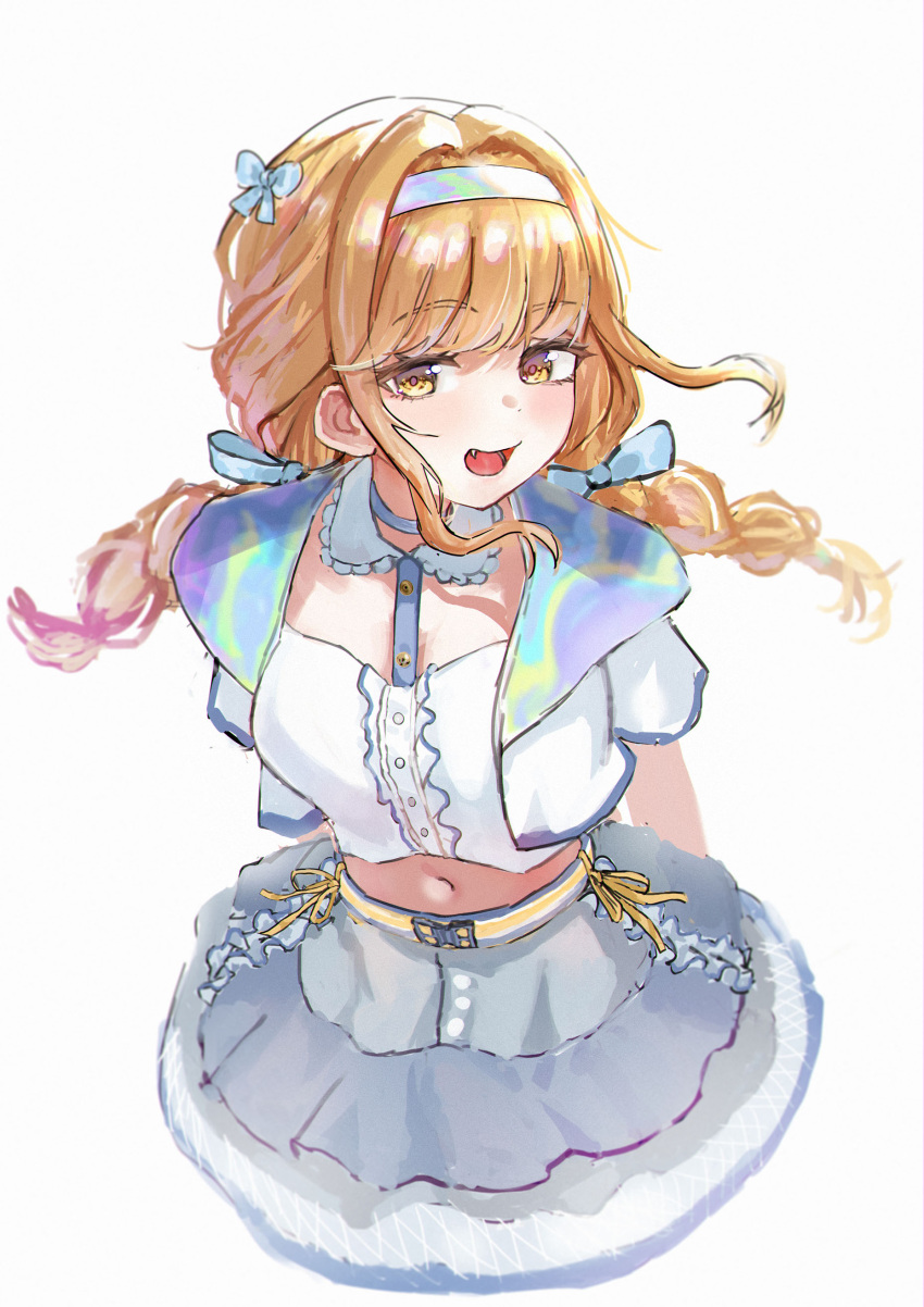 absurdres blonde_hair blush bow braid center_frills commentary cropped_jacket cropped_legs cropped_shirt female frills fujita_kotone gakuen_idolmaster hairband hairbow highres idolmaster jacket long_hair looking_at_viewer midriff mmsk navel oerba_yun_fang sekaiichi_kawaii_watashi_(idolmaster) shirt short_sleeves simple_background smile solo twin_braids white_background white_hairband white_jacket white_shirt yellow_eyes