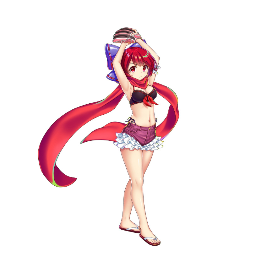 alternate_costume baseball_mitt bikini bikini_under_shorts black_bikini bow breasts cleavage closed_mouth contrapposto female full_body game_cg hairbow highres looking_at_viewer medium_breasts official_art purple_bow red_eyes red_hair red_scarf rotte_(1109) sandals scarf sekibanki sekibanki_(dullahan_on_the_beach) short_hair simple_background solo swimsuit third-party_source touhou touhou_lostword v-shaped_eyebrows white_background