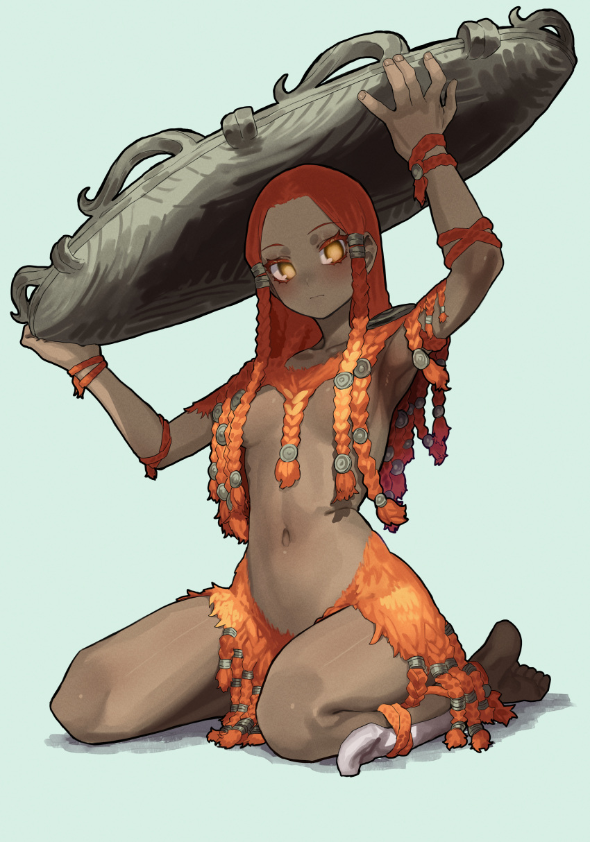 absurdres armpits barefoot braid breasts dark-skinned_female dark_skin ekrea_jan elden_ring female fire_giant_(elden_ring) genderswap_(mtf) highres long_hair medium_breasts navel orange_eyes orange_hair rule_63 simple_background sitting solo stomach wariza