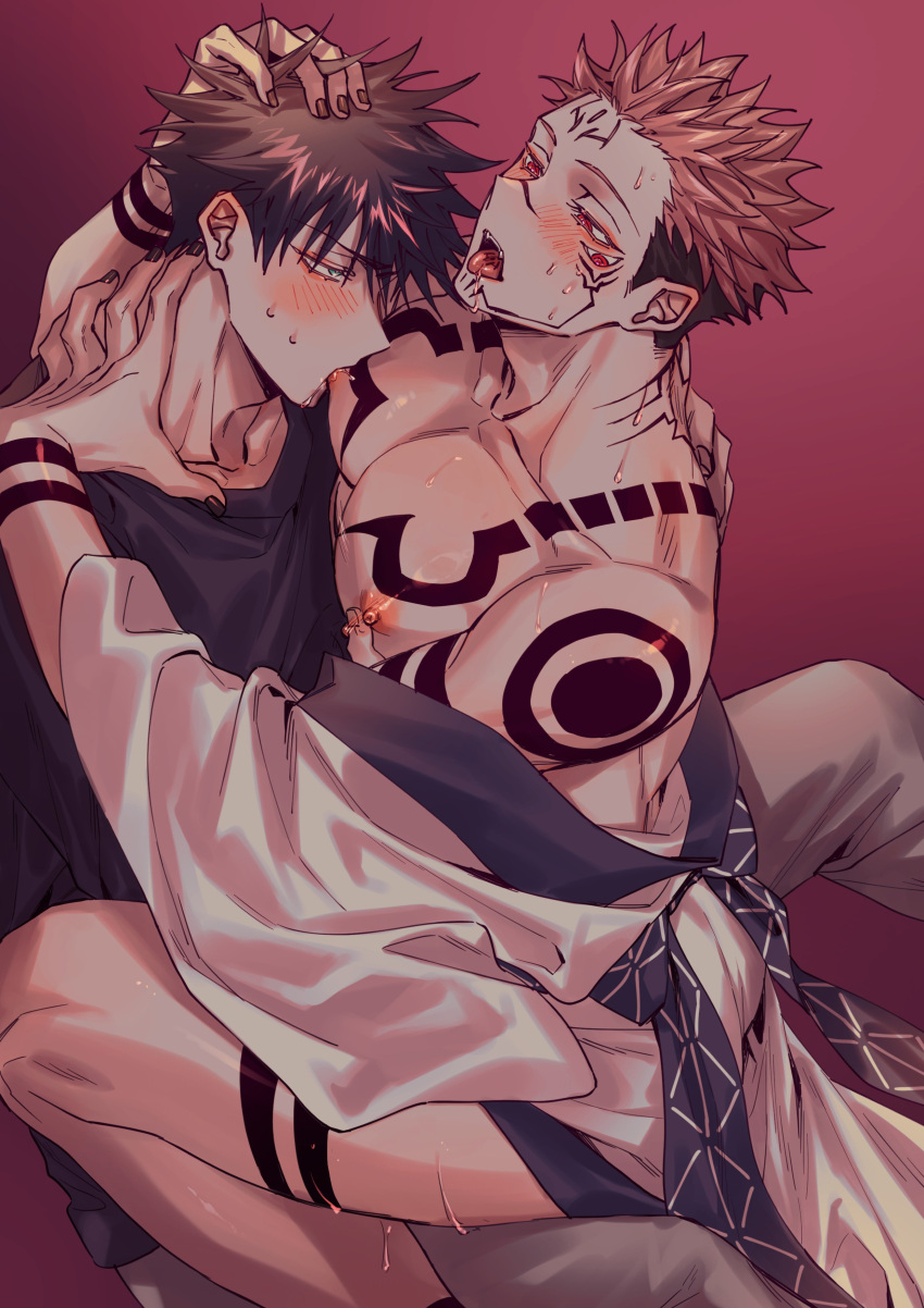 2boys absurdres azukiharuta_ju biting black_hair black_nails black_sweater blush chest_tattoo facial_tattoo feet_out_of_frame forehead_tattoo fushiguro_megumi hair_slicked_back highres jujutsu_kaisen leg_tattoo male_focus multiple_boys neck_tattoo nipple_biting nipple_stimulation nipples open_mouth pink_background pink_hair robe ryoumen_sukuna_(jujutsu_kaisen) sharp_teeth shoulder_tattoo sitting sitting_on_lap sitting_on_person sweatdrop sweater tattoo teeth tongue tongue_out undercut white_robe wrist_tattoo yaoi