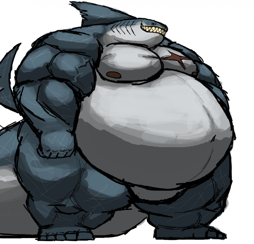 2023 anthro belly big_belly big_muscles chest_scar comerboy75 feet fish grey_body grin hi_res huge_belly mackerel_shark male marine megalodon musclegut muscular muscular_anthro muscular_male nipples overweight overweight_anthro overweight_male pecs scar shark simple_background smile solo standing tail teeth vein veiny_muscles