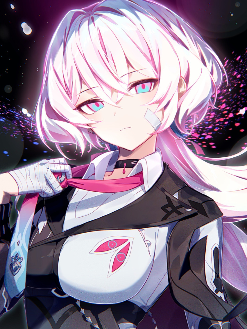 bandage_on_face bandaged_fingers bandaged_hand bandages black_choker black_jacket blue_eyes blue_hair blue_necktie breasts choker closed_mouth collared_shirt commentary english_commentary expressionless female gradient_necktie hair_between_eyes highres honkai_(series) honkai_impact_3rd jacket karamaru626 lantern_(honkai_impact) large_breasts long_hair looking_at_viewer necktie necktie_grab neckwear_grab official_alternate_color official_art pink_eyes pink_hair pink_necktie pinstripe_jacket pinstripe_pattern second-party_source shirt solo torn_clothes torn_shirt two-tone_eyes upper_body white_shirt