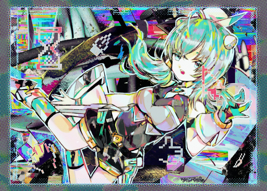 abstract_background ahoge arm_at_side bandeau belt black_belt black_leotard black_shorts blue_eyes border breasts cable collage_background commentary cursor english_commentary female full_body gloves green_hair grey_bandeau halftone hand_up headgear highres hourglass indie_virtual_youtuber itopoid large_breasts leotard loading_icon long_hair looking_at_viewer low_twintails multicolored_socks open_mouth outline photo_background pixelated puffy_shorts short_shorts shorts sleeveless solo thumbs_up_emoji tsukamoto_anabone twintails virtual_youtuber