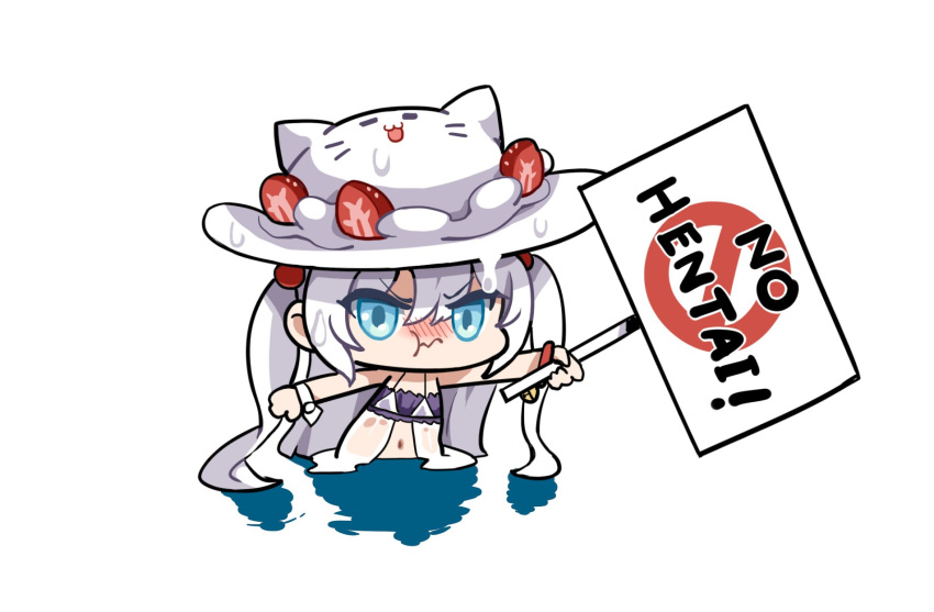 :t azur_lane blue_eyes blush chibi closed_mouth commentary english_commentary english_text female hair_between_eyes hair_bobbles hair_ornament hammann_(azur_lane) hammann_ii_(another_rebellious_summer)_(azur_lane) hammann_ii_(azur_lane) hat highres hm_(hmongt) holding holding_sign long_hair looking_at_viewer navel no_nose nose_blush official_alternate_costume outstretched_arms pout second-party_source sign solo swimsuit two_side_up upper_body v-shaped_eyebrows very_long_hair wet wet_clothes white_hair white_hat