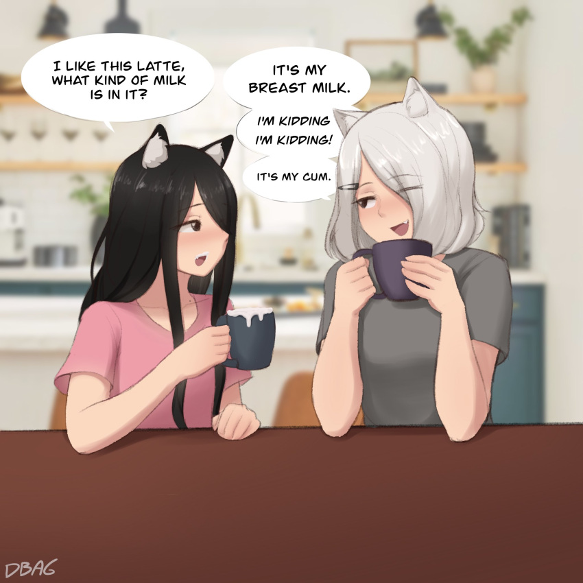 1boy :d animal_ears black_hair cat_ears cousins cum cum_in_container cum_in_cup dbag_(dbagdraws) english_text female female_pervert gokkun hair_over_one_eye highres implied_futanari indoors kitchen long_hair medium_hair molly_(dbag) nikko_(dbag) oerba_yun_fang original pervert shirt smile speech_bubble t-shirt table white_hair