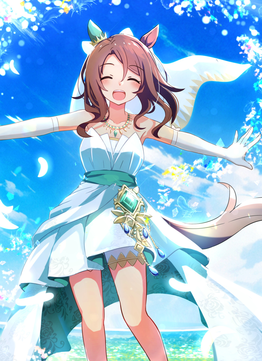 absurdres bare_shoulders blue_sky brown_eyes cloud cloudy_sky commentary_request cowboy_shot day dress ear_covers elbow_gloves facing_viewer falling_petals female gloves highres horse_girl jewelry king_halo_(evergreen_identity)_(umamusume) king_halo_(umamusume) necklace neko_senshi official_alternate_costume official_alternate_hairstyle open_mouth outdoors outstretched_arms petals single_ear_cover sky smile solo strapless strapless_dress teeth umamusume upper_body upper_teeth_only wavy_hair wedding_dress white_dress white_gloves