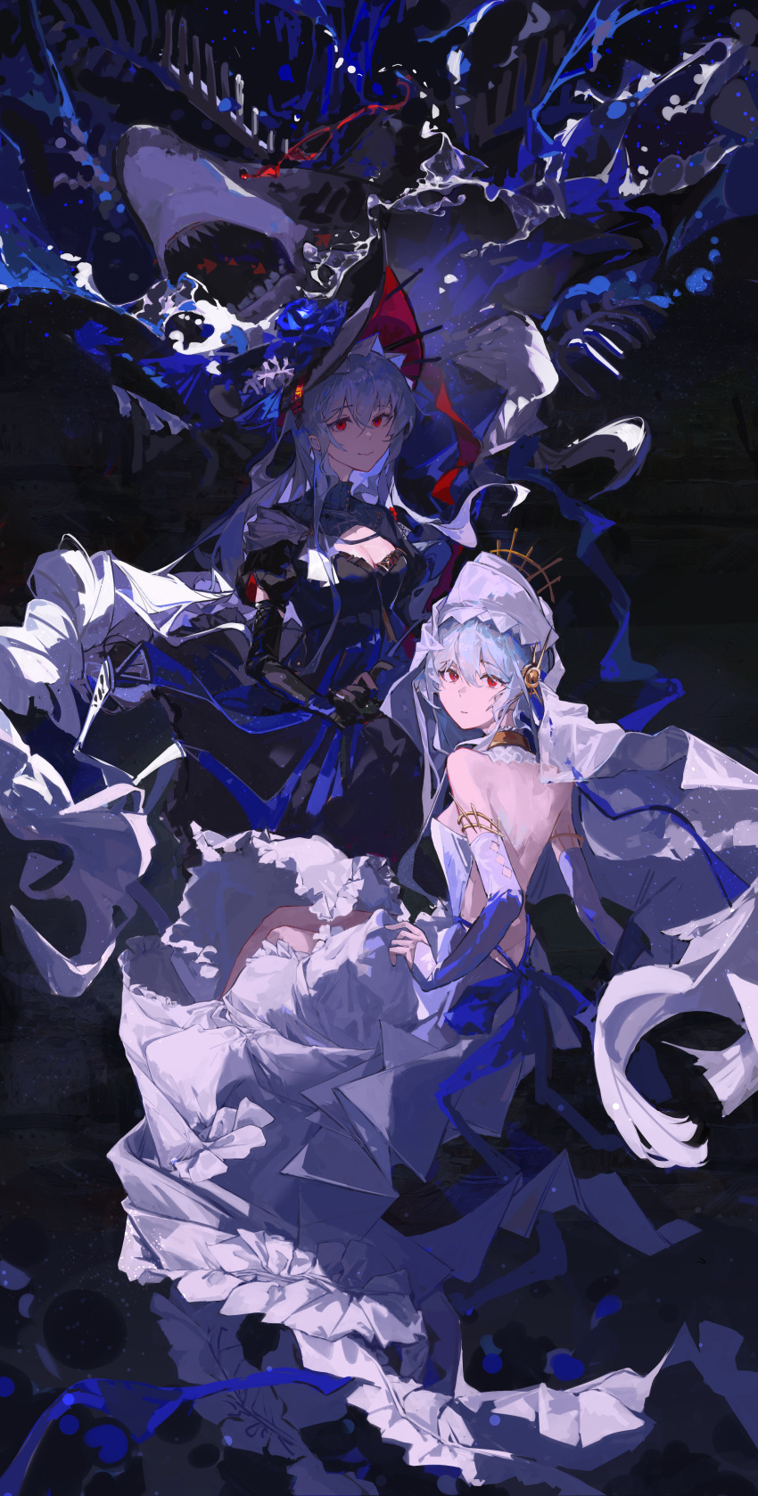 2girls absurdres animal_skeleton arknights back_bow backless_dress backless_outfit bare_back bare_shoulders black_background black_dress black_gloves black_hat blue_bow bow breasts chinese_commentary cleavage cleavage_cutout clothing_cutout commentary detached_sleeves dress dual_persona elbow_gloves fish_bone flower frilled_skirt frills full_body gloves glowing glowing_eye hat hat_flower highres juliet_sleeves kiolkoooo long_sleeves looking_at_viewer looking_back medium_breasts multiple_girls official_alternate_costume puffy_sleeves red_eyes shark shoulder_blades skirt sleeves_past_wrists smile specter_(arknights) specter_the_unchained_(arknights) specter_the_unchained_(born_as_one)_(arknights) veil water white_dress white_hair white_sleeves white_veil