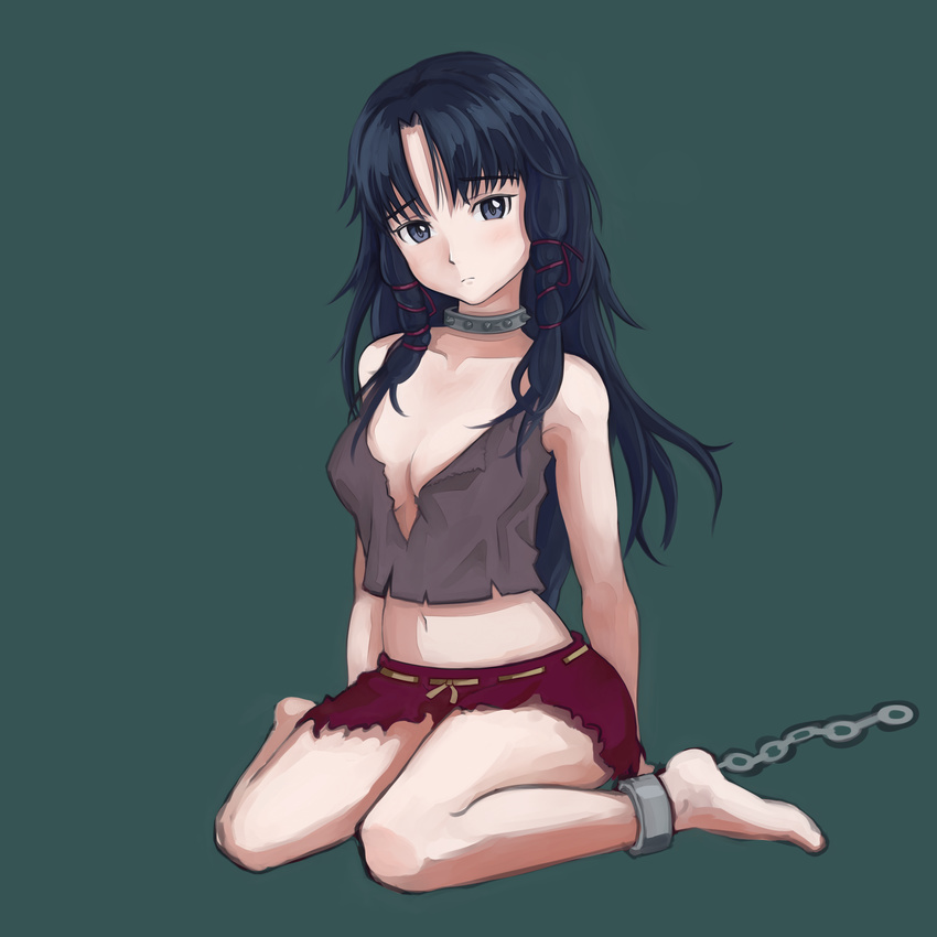 barefoot blue_eyes blue_hair breasts chains cleavage collar commentary_request crop_top cuffs female full_body highres long_hair medium_breasts midriff navel nihs parinuri rags sad shackles simple_background sitting solo suisei_no_gargantia wariza