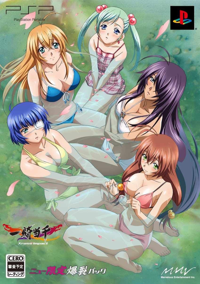 5girls antenna_hair aqua_eyes artist_request barefoot bikini blonde_hair blue_eyes blue_hair blush breasts brown_hair cleavage earrings eyepatch glasses green_eyes green_hair hair_over_one_eye handheld_game_console highres ikkitousen ikkitousen_xross_impact jewelry kan'u_unchou large_breasts long_hair low-tied_long_hair magatama magatama_earrings mole mole_under_mouth multiple_girls official_art playstation_portable purple_hair ryomou_shimei ryuubi_gentoku shokatsuryou_koumei short_hair smile soles sonsaku_hakufu swimsuit tan toes twintails water