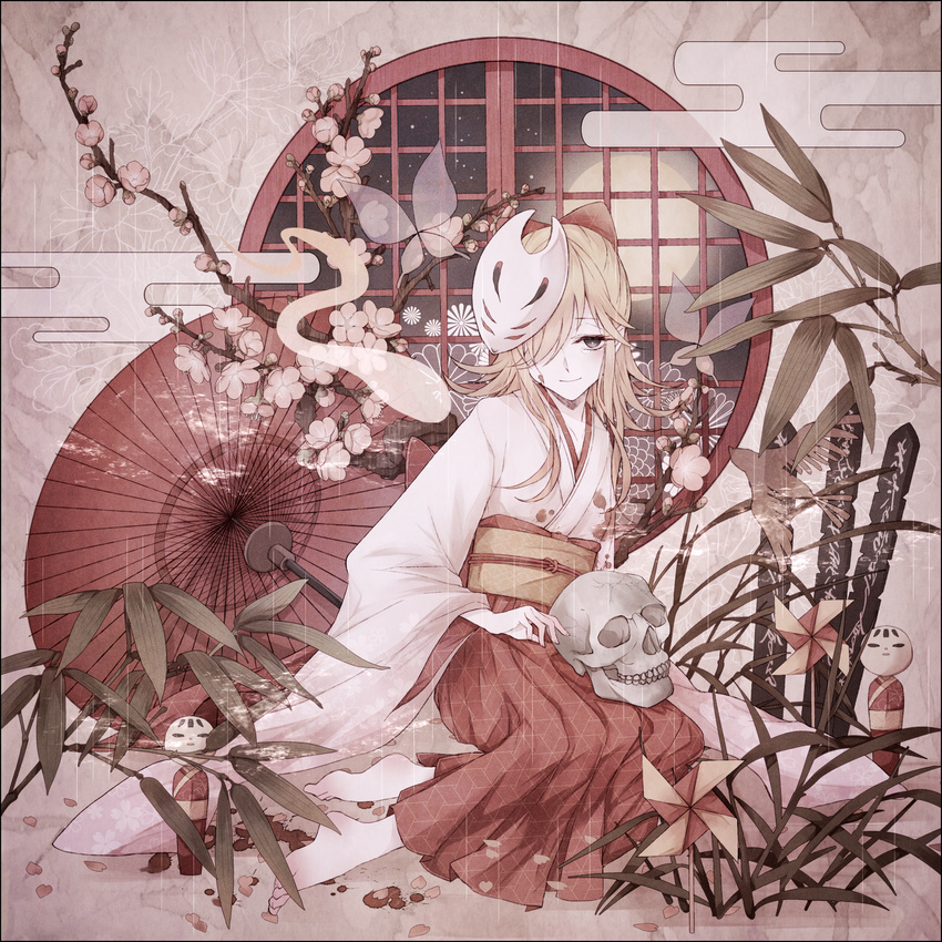 alternate_costume bamboo barefoot bird blonde_hair bow cherry_blossoms commentary_request egasumi feet female fox_tail grey_eyes hairbow hakama hakama_skirt highres japanese_clothes kagamine_rin kimono kitsune_no_yomeiri_(vocaloid) long_sleeves looking_at_viewer mask moco mouth_mask obi oil-paper_umbrella partial_commentary petals pinwheel rain sash sign sitting skirt skull solo tail twig umbrella vocaloid wide_sleeves window yukata