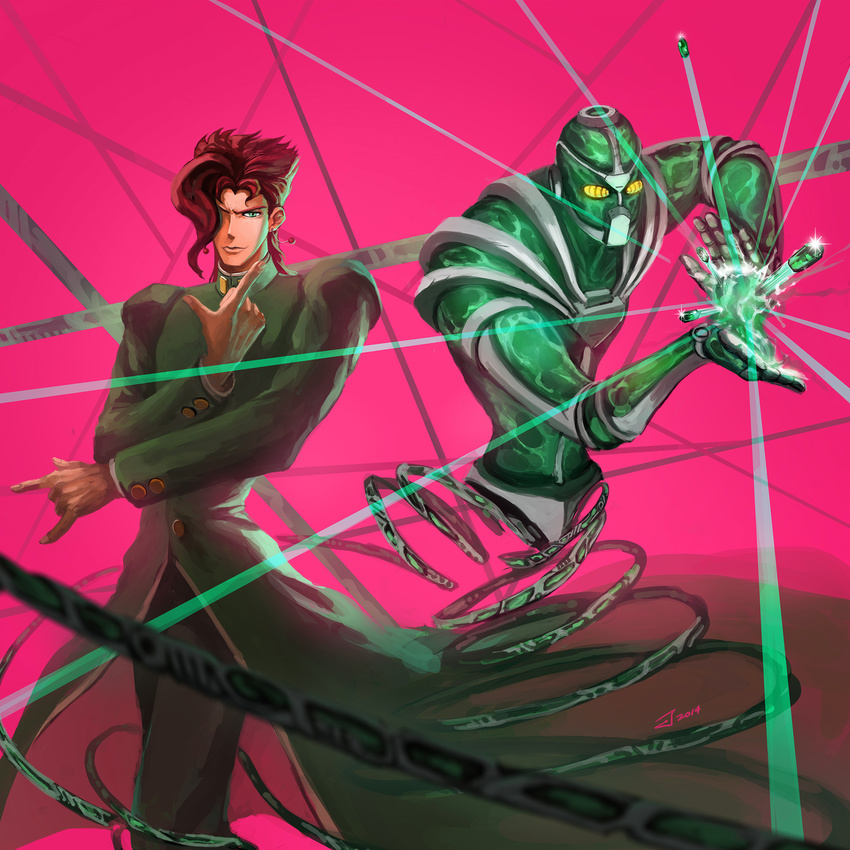 2boys commentary_request green_eyes hair_over_one_eye hierophant_green highres jojo_no_kimyou_na_bouken just1ce kakyoin_noriaki multiple_boys photoshop_(medium) pink_background pointing red_hair stand_(jojo) standing tentacle