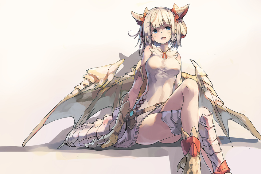 blonde_hair blue_eyes breasts commentary dragon_girl dragon_horns dragon_wings female hair_ribbon horns huanxiang_huifeng medium_breasts myr_(p&d) photoshop_(medium) puzzle_&_dragons ribbon short_hair solo wings