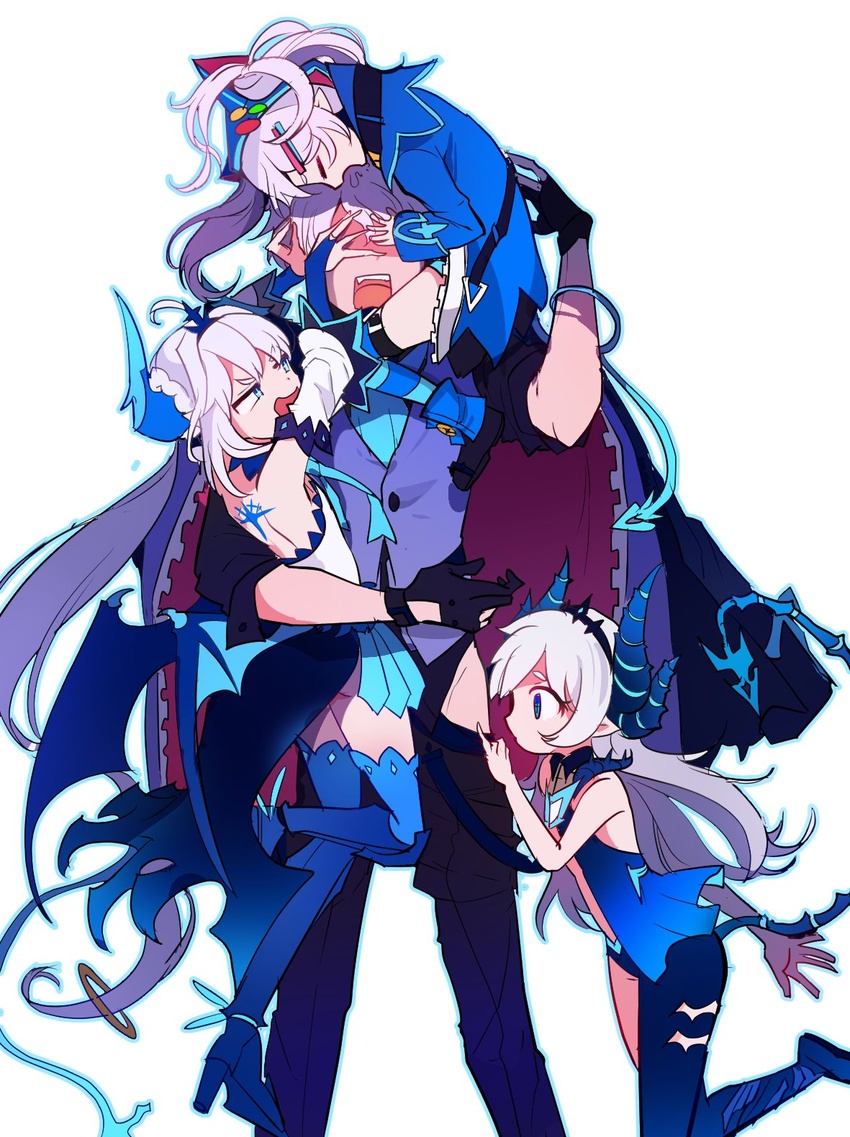 1boy 3girls ahoge angry bad_id bad_twitter_id badge blue_eyes blue_horns braid button_badge chiliarch_(elsword) ciel_(elsword) closed_eyes clothes_pull demon_girl demon_tail demon_wings diabla_(elsword) dreadlord_(elsword) elsword gloves hair_ornament hairclip hands_on_another's_face highres hood horns hug long_hair luciela_r._sourcream mellchi multiple_girls multiple_persona noblesse_(elsword) pants pants_pull saliva symbol-shaped_pupils tail tattoo thighhighs tiara twintails vest white_hair wings