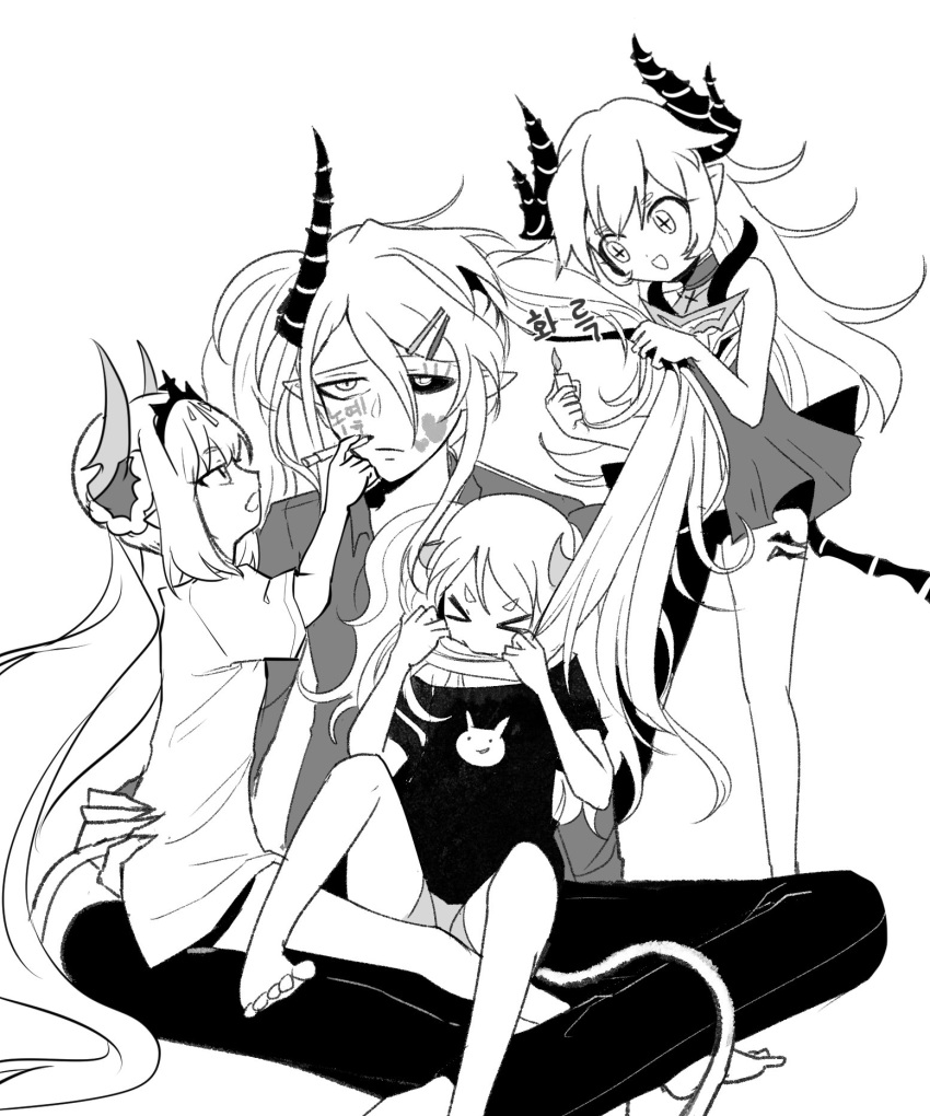 >_< 1boy 3girls alternate_costume bad_id bad_twitter_id biting biting_hair black_sclera chiliarch_(elsword) ciel_(elsword) colored_sclera demon_girl demon_tail demonio_(elsword) diabla_(elsword) drawing_on_another's_face elsword expressionless fire greyscale highres lighter long_hair luciela_r._sourcream mellchi mismatched_sclera monochrome multiple_girls noblesse_(elsword) pointy_ears symbol-shaped_pupils tail