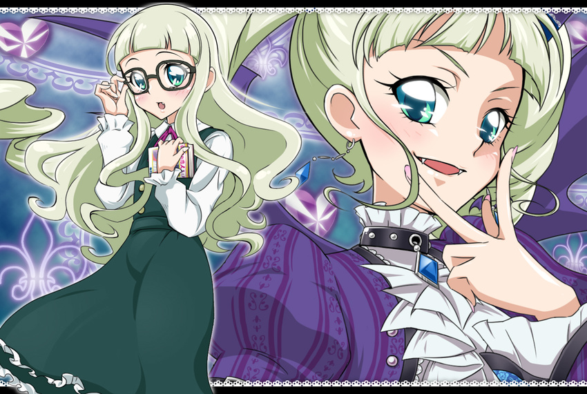 2girls adjusting_eyewear aikatsu! aikatsu!_(series) ascot black-framed_eyewear blush choker commentary_request dress dual_persona fangs fleur-de-lis glasses gloves green_eyes green_hair light_green_hair long_hair multiple_girls photoshop_(medium) sinko_(sinsin) todo_yurika twintails