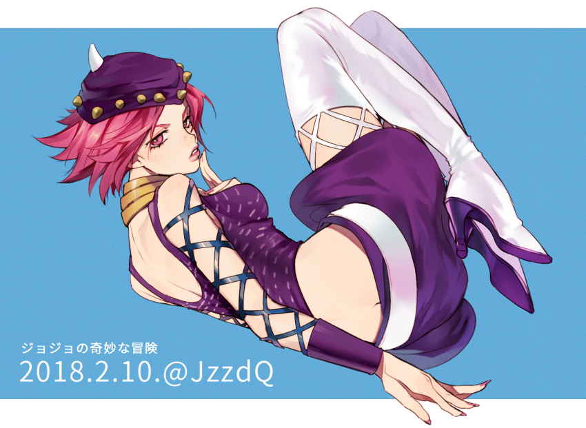 backless_outfit bad_id bad_pixiv_id blue_background boots breasts butt_crack cako_(a_ben) commentary_request copyright_name dated female fishnet_top fishnets genderswap_(mtf) hand_on_own_chest hat high_heel_boots high_heels jewelry jojo_no_kimyou_na_bouken lips looking_at_viewer medium_breasts narciso_anasui neck_ring pink_eyes pink_hair rule_63 short_hair simple_background solo stone_ocean thigh_boots thighhighs twitter_username white_thighhighs