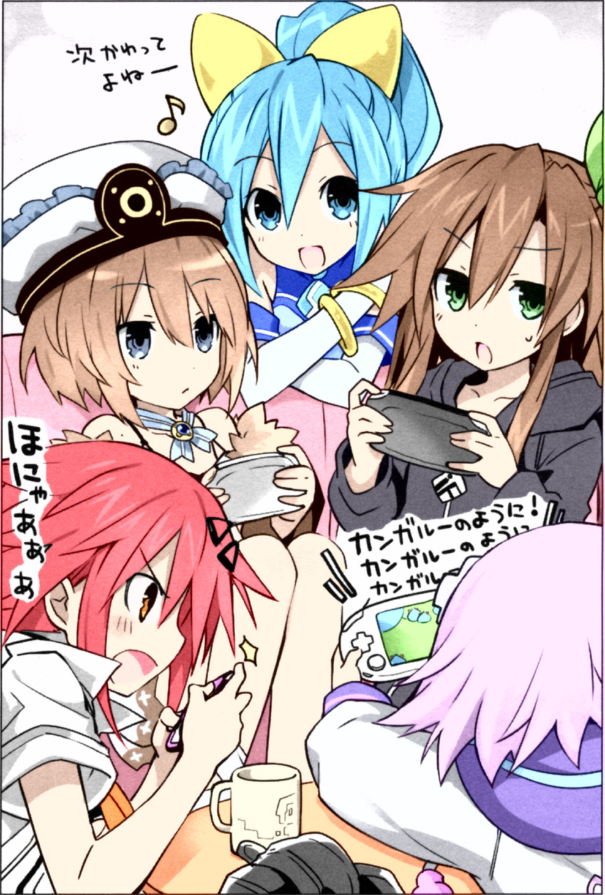 blanc_(neptunia) blue_eyes blue_hair blush bow brown_hair controller d-pad d-pad_hair_ornament game_console game_controller green_eyes hair_ornament hairbow hairclip handheld_game_console highres if_(neptunia) long_hair looking_at_viewer multiple_girls neptune_(neptunia) neptune_(series) official_art open_mouth playing_games ponytail purple_hair red_hair ribbon sega_hatsumi short_hair smile tennouboshi_uzume translation_request tsunako twintails