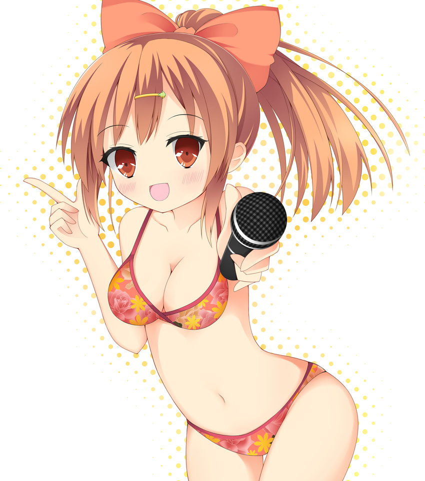 :d absurdres bad_id bad_pixiv_id bikini blush bow breasts brown_eyes brown_hair cleavage female foreshortening girlfriend_(kari) highres index_finger_raised long_hair looking_at_viewer maccha medium_breasts microphone open_mouth ponytail sakurai_akane_(girlfriend) simple_background smile solo swimsuit