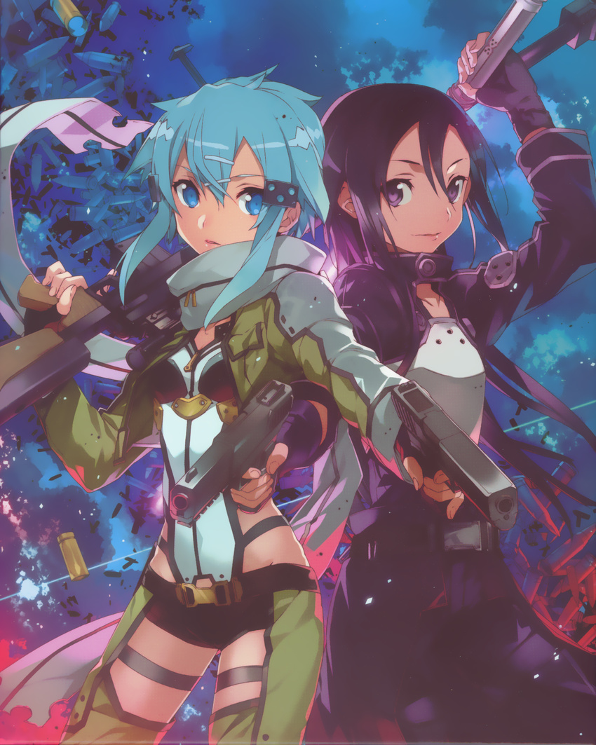 1boy abec asada_shino black_eyes black_hair blue_eyes blue_hair blurry bullet energy_sword female finger_on_trigger glasses gun highres holding kirito_(sao-ggo) long_hair parted_lips reflection rifle scarf shinon_(sao) short_hair shorts sniper_rifle sword sword_art_online weapon