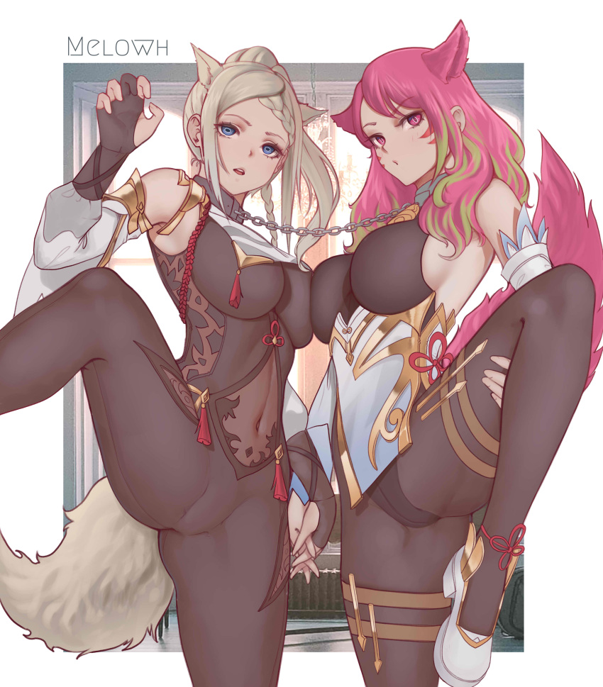 2girls absurdres animal_ears blonde_hair blue_eyes bodystocking breast_press breasts chains claw_pose collar commission cosplay fox_ears fox_girl fox_tail ganyu_(genshin_impact) ganyu_(genshin_impact)_(cosplay) genshin_impact highres holding_hands large_breasts legs_up linked_collar melowh multiple_girls original pink_hair shenhe_(genshin_impact) shenhe_(genshin_impact)_(cosplay) slit_pupils spread_legs tail