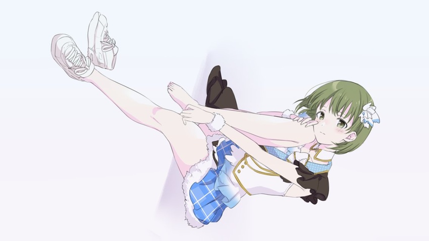 bad_id bad_twitter_id bare_legs barefoot belldot blue_skirt breasts closed_mouth commentary_request detached_collar dutch_angle female frilled_sleeves frills full_body fur-trimmed_skirt fur_trim green_eyes green_hair grey_background hair_ribbon head_rest head_tilt idolmaster idolmaster_shiny_colors invisible_chair knee_to_face knee_up layered_skirt legs looking_at_viewer nanakusa_nichika plaid plaid_neckwear plaid_skirt ribbon shoes short_hair sideways simple_background single_shoe sitting skirt sleeveless sleeveless_jacket sneakers solo unworn_shoes white_footwear wrist_cuffs