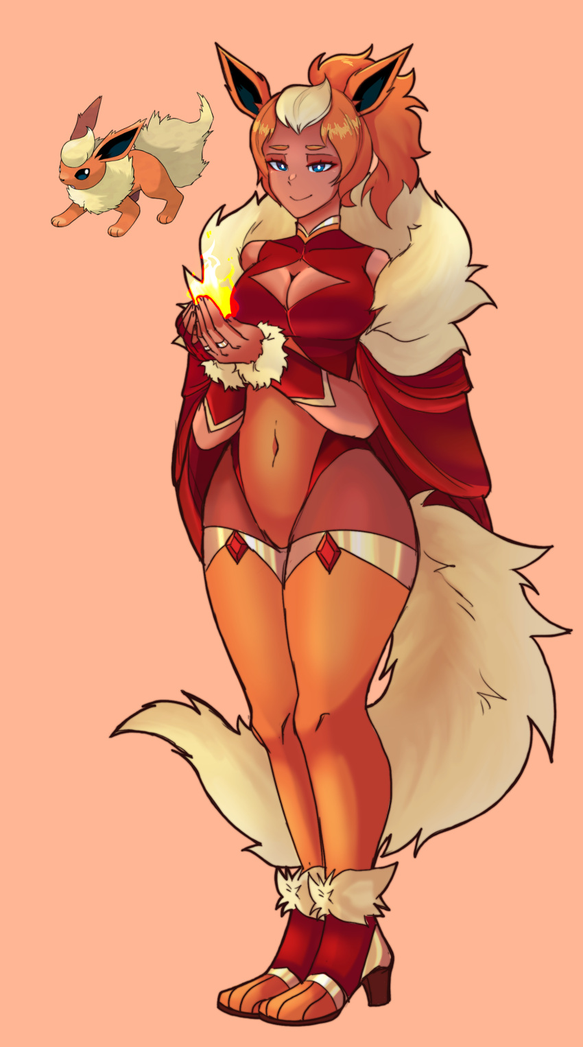 2022 absurd_res anthro big_breasts blue_eyes breasts canid cape cleavage_cutout clothed clothing cuff_(restraint) cutout digital_media_(artwork) eeveelution female fire flareon footwear full-length_portrait fur fur_lined_clothing fuzzy_tail generation_1_pokemon hair hi_res high_heels humanoid legwear mammal multiple_images mxntymoon navel_outline nintendo orange_hair outline pokemon pokemon_(species) portrait restraints shaded simple_background smile solo tail thick_thighs thigh_highs unitard wide_hips wrist_cuffs yellow_body yellow_fur yellow_tail